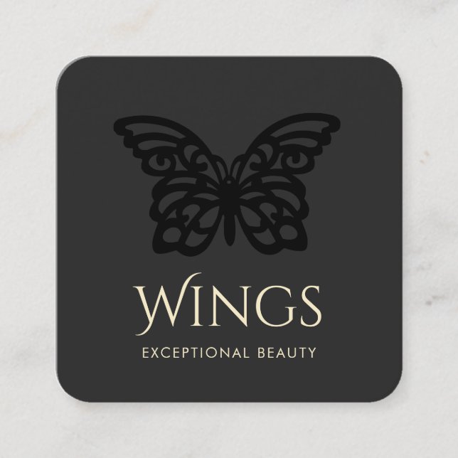 Modern Black on Black Butterfly Square Business Card (Front)