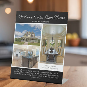 Modern Black Open House Real Estate Listing Photo Pedestal Sign