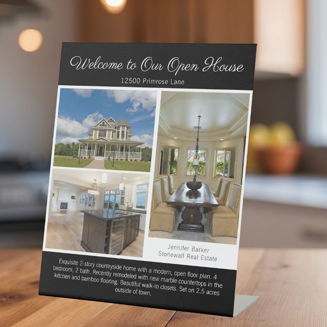 Modern Black Open House Real Estate Listing Photo Pedestal Sign (Creator Uploaded)