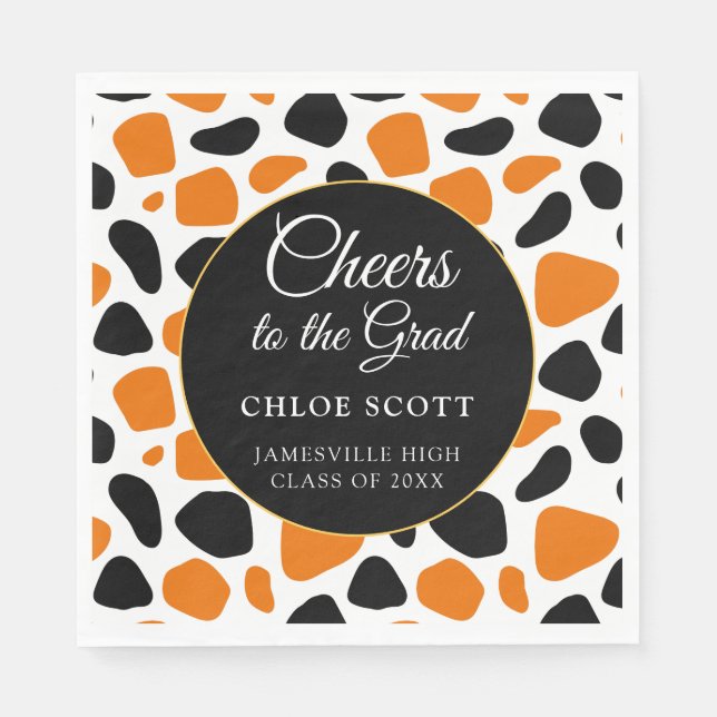 Modern Black Orange Animal Print Graduation Party Napkin (Front)