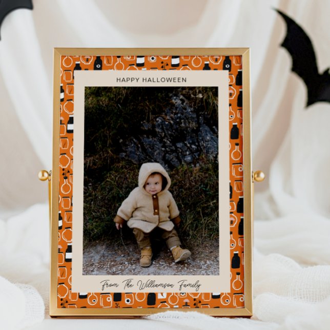 Modern Black Orange Apothecary Halloween Photo Holiday Card (Creator Uploaded)