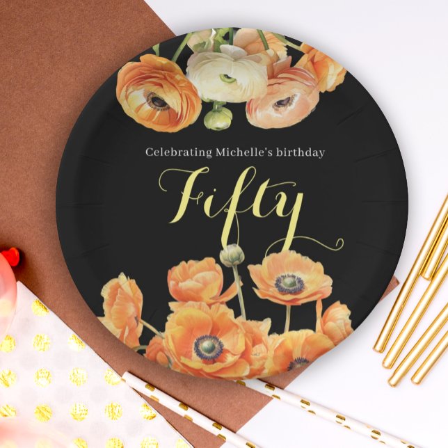 Modern Black Orange Floral 50th Birthday Party Paper Plate (Creator Uploaded)