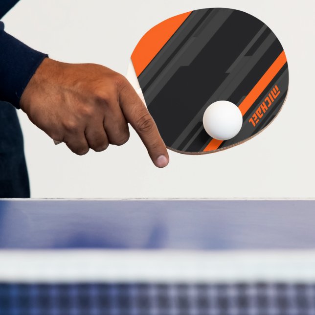 Modern Black Orange Geometric Name Ping Pong Paddle (Insitu)