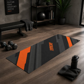 Modern Black Orange Geometric Name Sports Yoga Mat