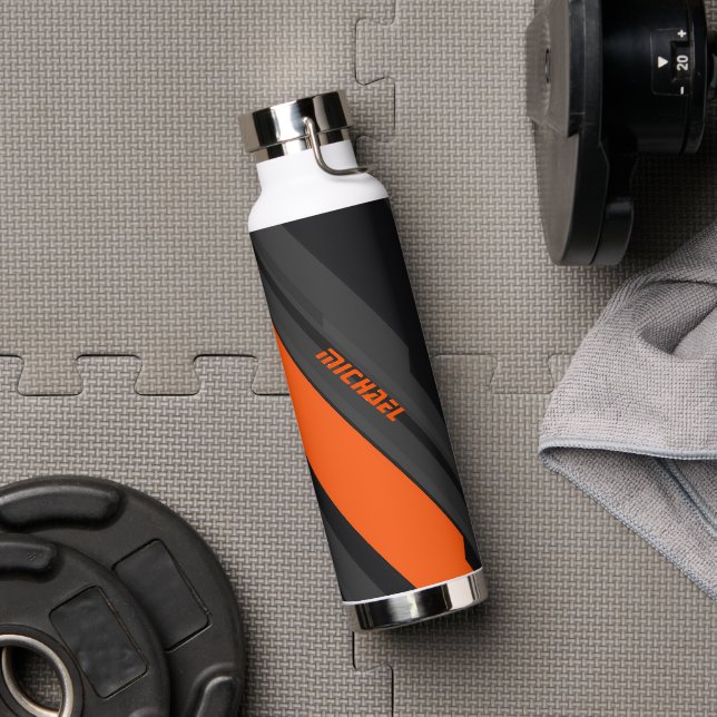 Modern Black Orange Geometric Name Water Bottle (Gym (Rotated))