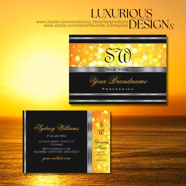 Modern Black Orange Glitter Monogram Silver Border Business Card (Creator Uploaded)