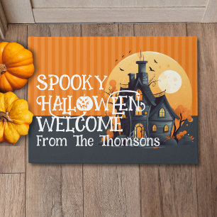 Modern Black Orange Haunted House Family Doormat