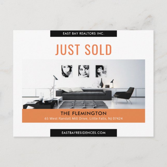 Modern black orange Just sold real estate advert Postcard (Front)