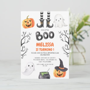 Modern Black Orange Little Boo Halloween Birthday  Invitation