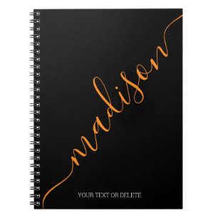 Modern Black Orange Name Monogram Initial Notebook