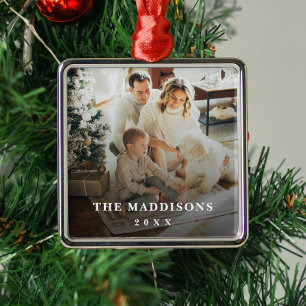 Modern Black Overlay Personalised Photo and Texts Metal Tree Decoration