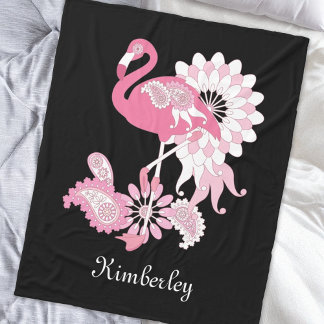Modern Black Paisley Pink Flamingo Fleece Blanket