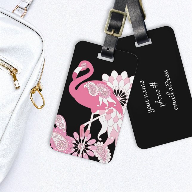 Modern Black Paisley Pink Flamingo Luggage Tag (Creator Uploaded)