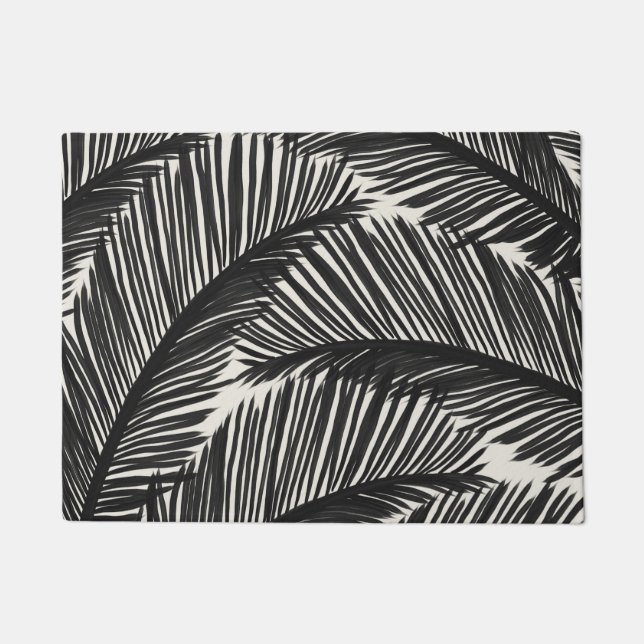 Modern Black Palm Leaf Tropical Pattern Doormat (Front)