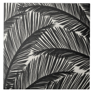 Modern Black Palm Leaf Tropical Pattern Tile