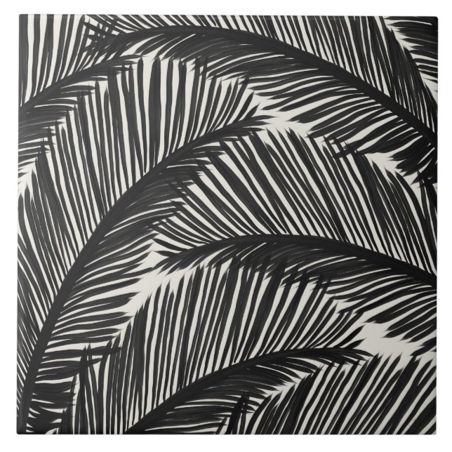 Modern Black Palm Leaf Tropical Pattern Tile (Front)