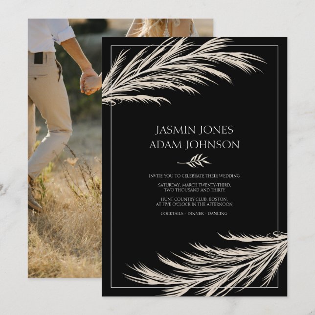 Modern Black Pampas Grass Photo Wedding Invitation (Front/Back)