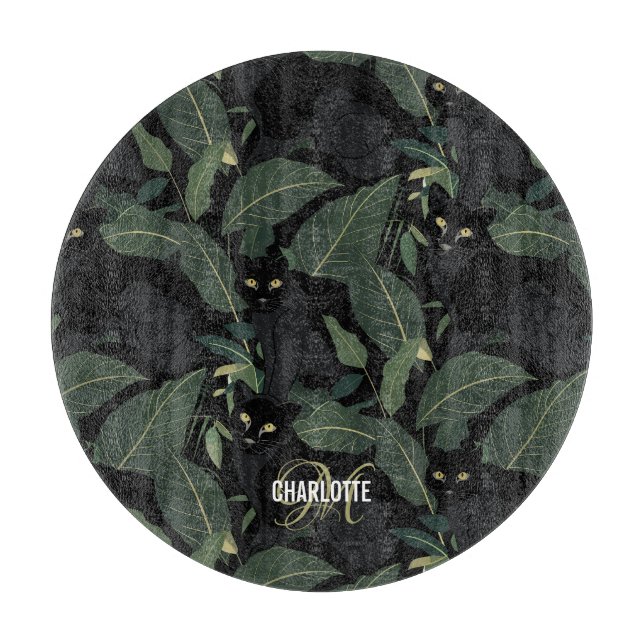 Modern black panther pattern monogram name cutting board (Front)