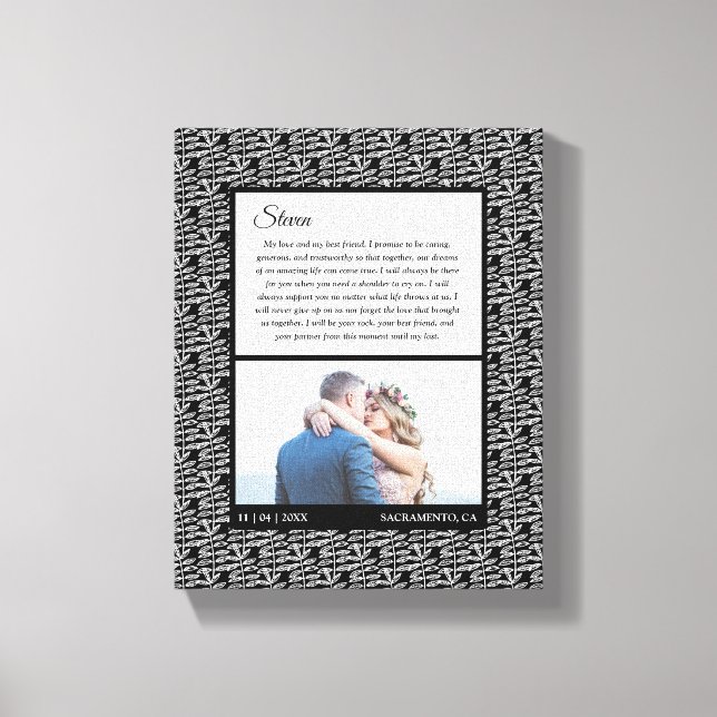 Modern Black Pattern Wedding Photo Marriage Vow Canvas Print (Front)