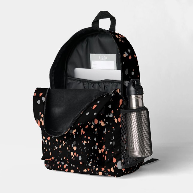Modern Black Peach Geometric Terrazzo Printed Backpack (Back Corner Right (Open))