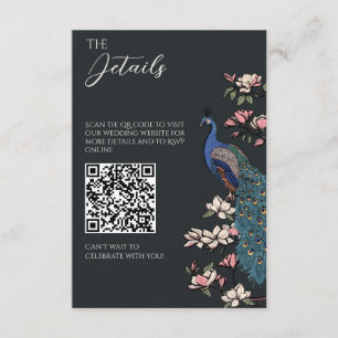 Modern Black Peacock Wedding Details QR Code Enclosure Card