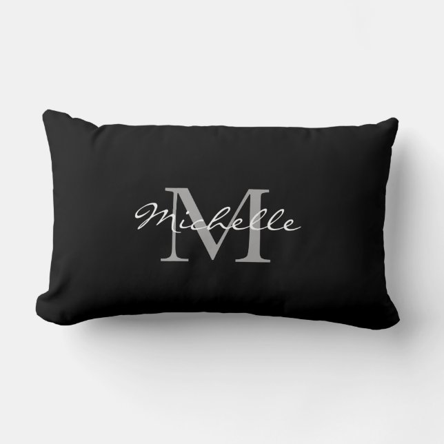 Modern black personal monogram name lumbar cushion (Front)