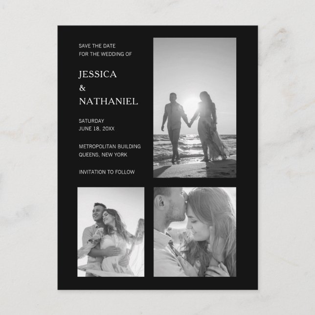 Modern Black Photo Collage Wedding Save the Date Announcement Postcard (Front)