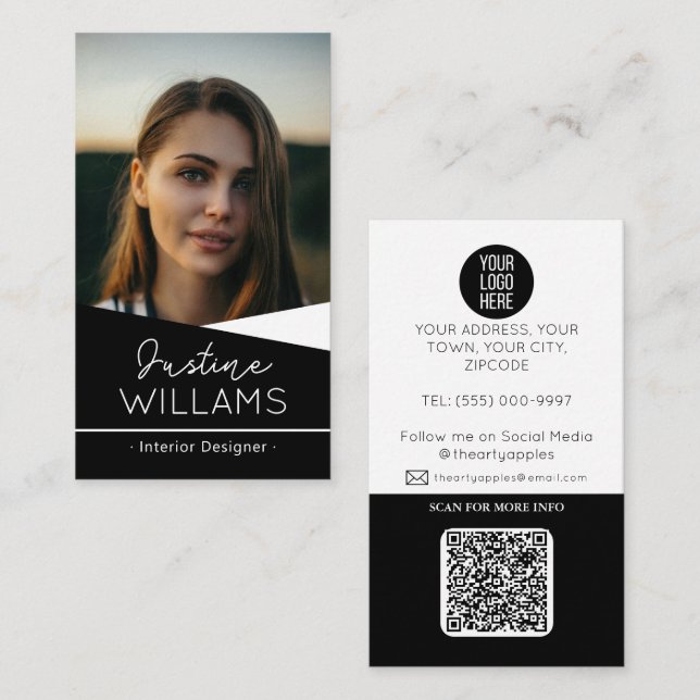 modern black Photo logo QR code professional Business Card (Front/Back)