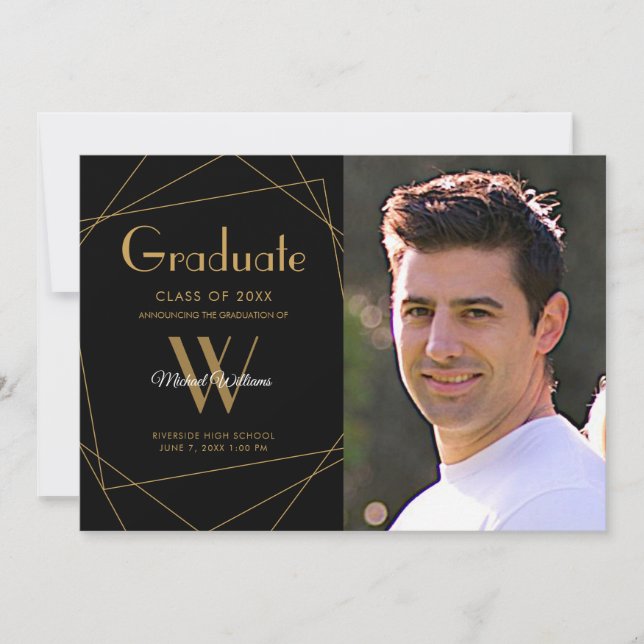Modern Black Photo Monogram Geometric Graduation Announcement (Front)