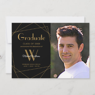 Modern Black Photo Monogram Geometric Graduation Announcement