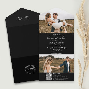 Modern Black Photo   Monogram   QR Code All In One Invitation