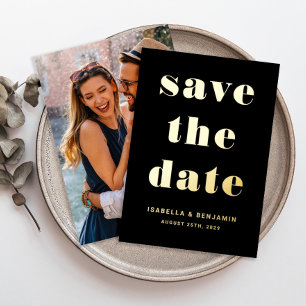 Modern Black Photo Save The Date Gold