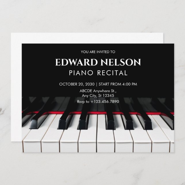 Modern Black Piano keys music recital Invitation (Front/Back)