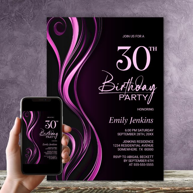 Modern Black Pink 30th Birthday Party Invitation (Creator Uploaded)