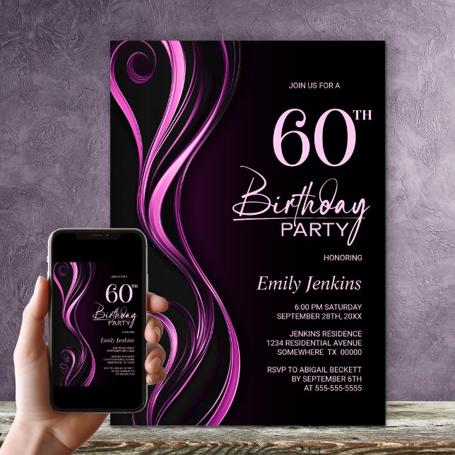 Modern Black Pink 60th Birthday Party Invitation (Creator Uploaded)