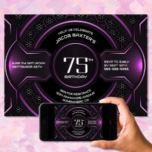 Modern Black Pink 75th Birthday Party Invitation