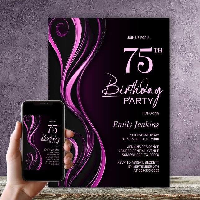 Modern Black Pink 75th Birthday Party Invitation (Creator Uploaded)
