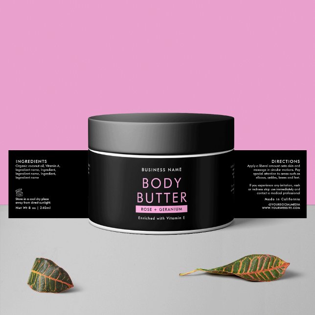 Modern Black & Pink Body Butter Cosmetic Jar Label (Modern Black and Pink Body Butter Cosmetic Jar Waterproof Product Label)