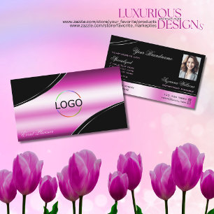 Modern Black Pink Curved Decor Lines Logo Photo Business Card