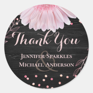 Modern Black Pink Daisy Wedding Classic Round Sticker