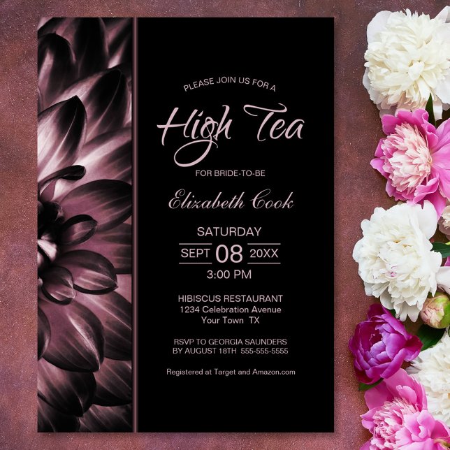 Modern Black Pink Floral High Tea Bridal Shower Invitation (Creator Uploaded)