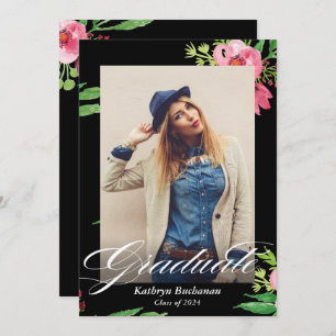 Modern Black Pink Floral Photo Graduation Party Invitation