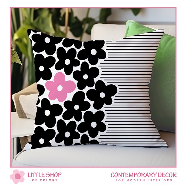 Modern Black Pink Floral Stripe Cushion (Creator Uploaded)