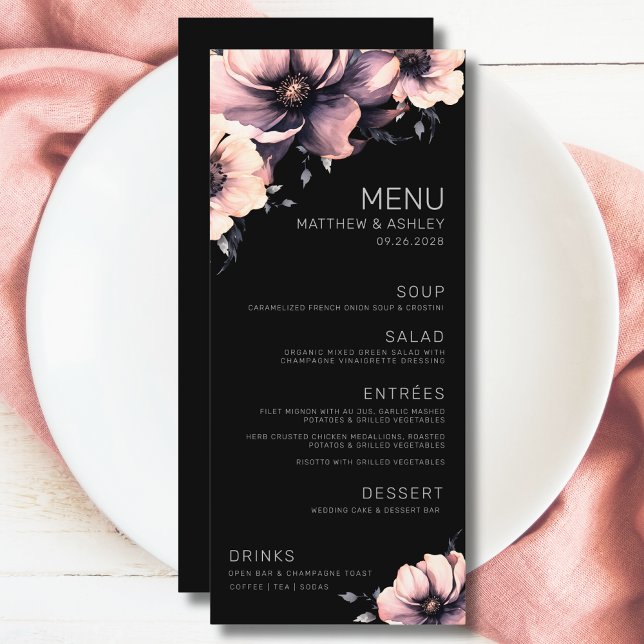 Modern Black Pink Floral Wedding Menu (Unique Elegant Modern Floral Pink Black Wedding Menu)