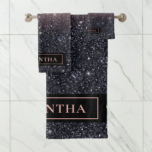 Modern Black & Pink Glitter Sparkles Name Bath Towel Set