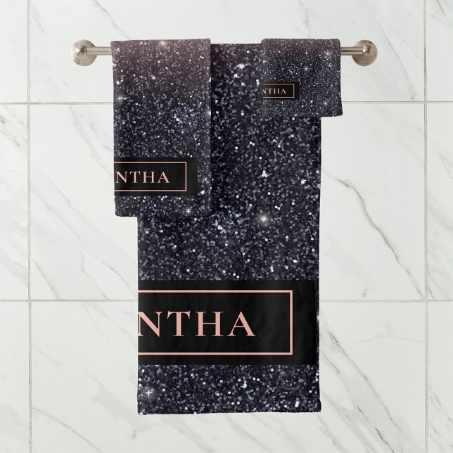 Modern Black & Pink Glitter Sparkles Name Bath Towel Set (Creator Uploaded)