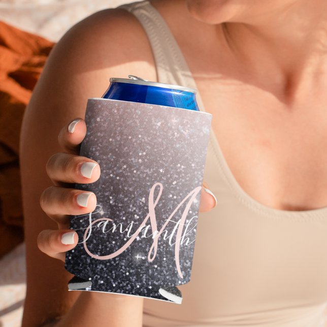 Modern Black & Pink Glitter Sparkles Name  Can Cooler (Creator Uploaded)