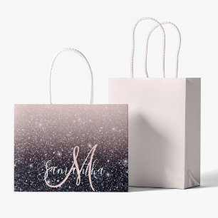 Modern Black & Pink Glitter Sparkles Name  Large Gift Bag