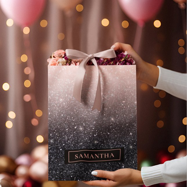 Modern Black & Pink Glitter Sparkles Name Large Gift Bag (Creator Uploaded)