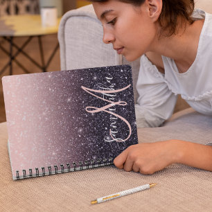 Modern Black & Pink Glitter Sparkles Name  Notebook